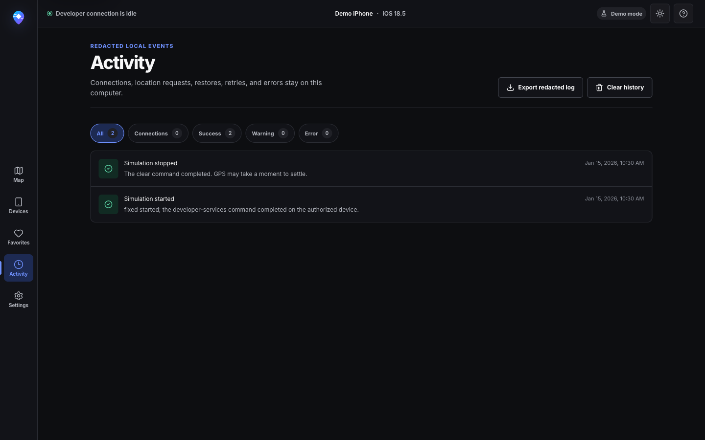 Redacted local activity showing a completed demo simulation and restore
