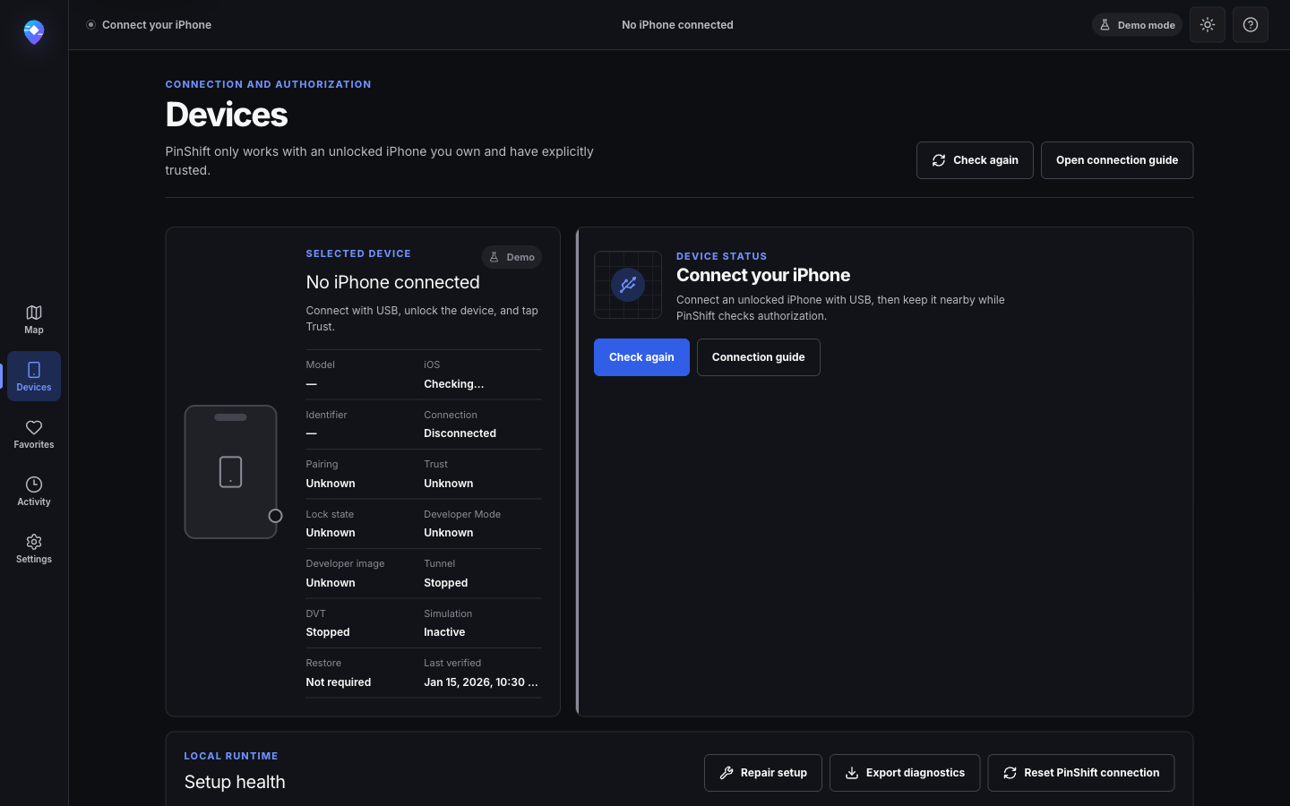 Device readiness page in the no-device demo state without a device identifier