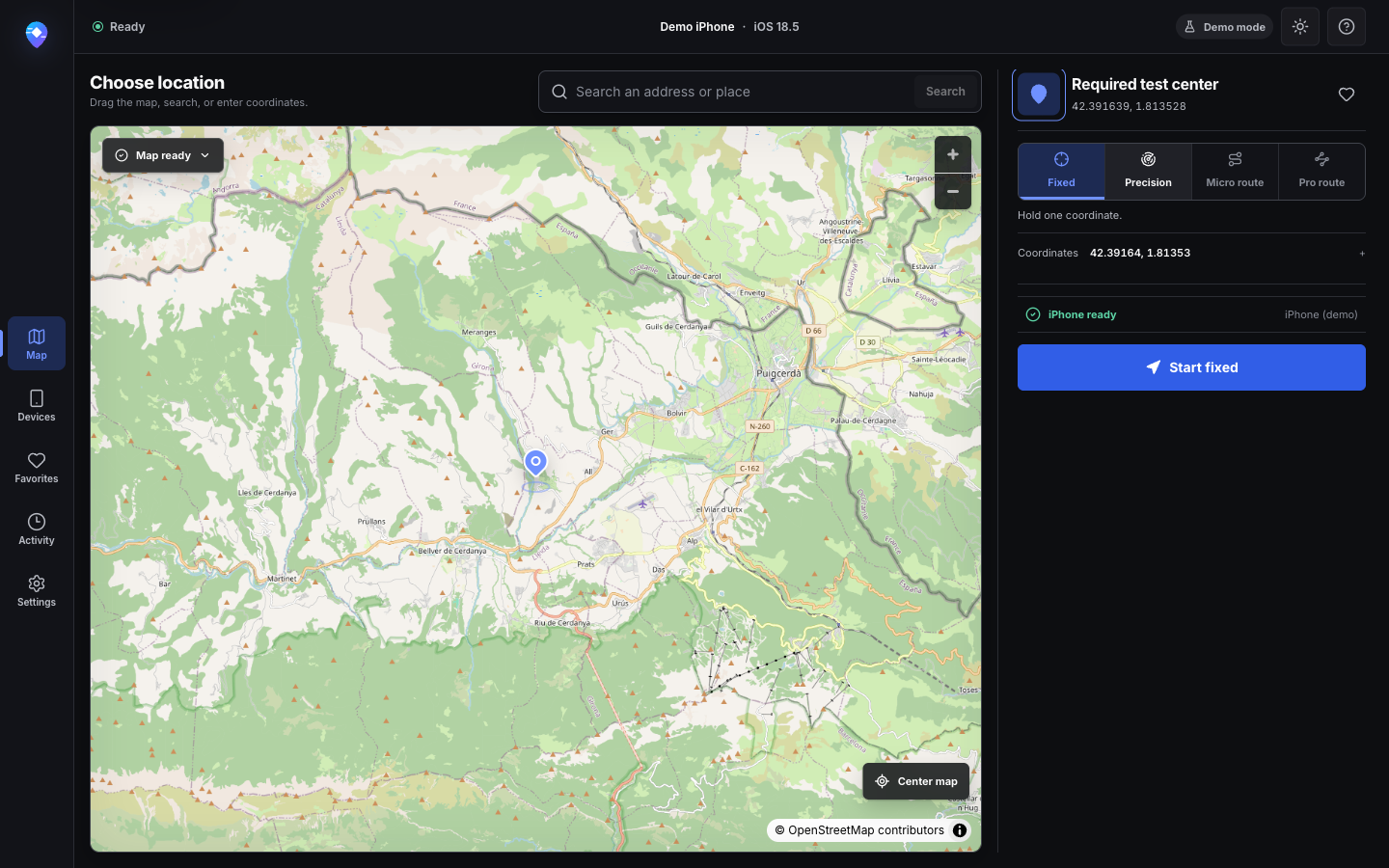 PinShift map workspace with a selected demo coordinate and Fixed mode ready