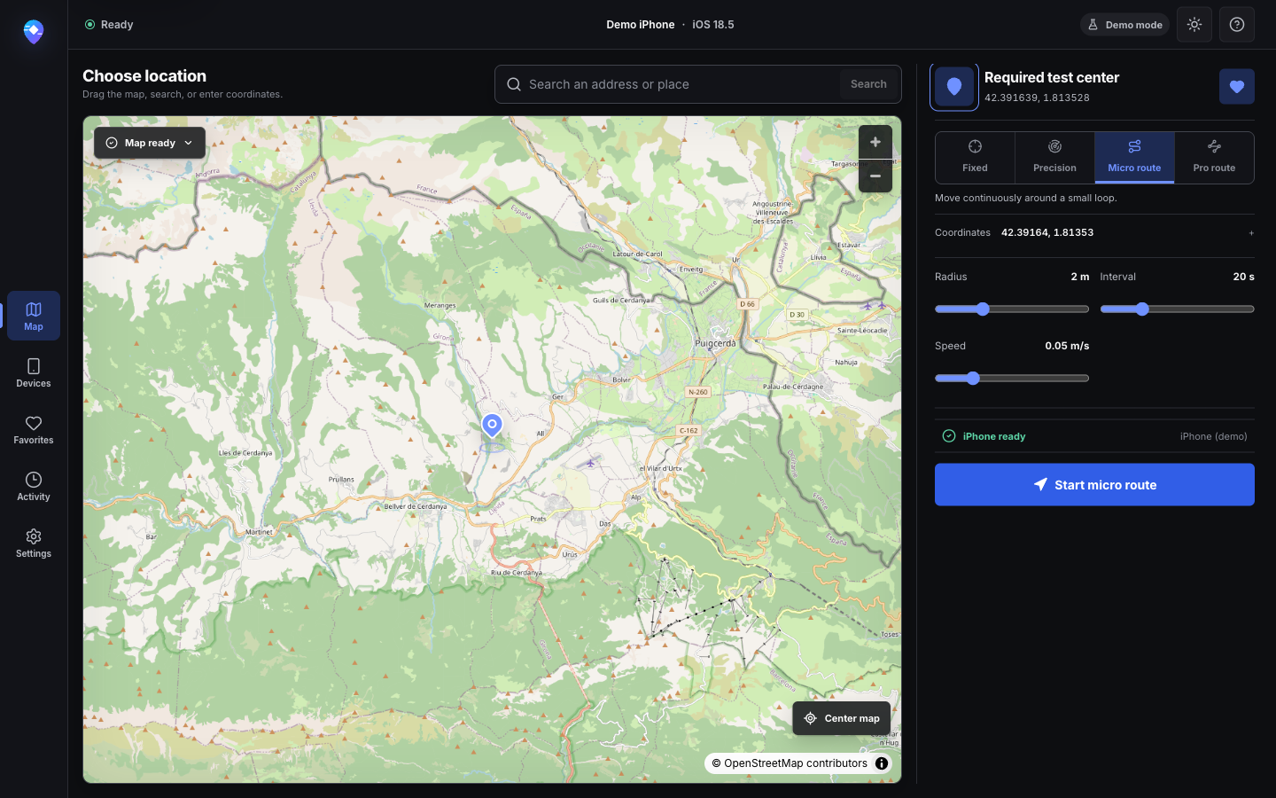 Micro Route mode with radius, interval, and speed controls