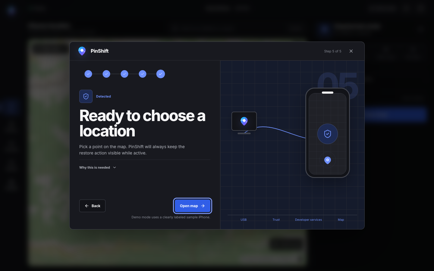 PinShift five-step connection guide in the privacy-safe demo environment