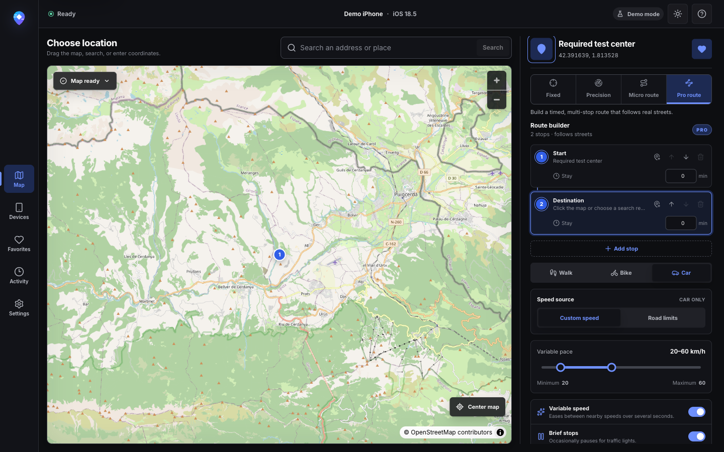 Pro Route builder with multi-stop, driving, variable pace, and brief-stop controls