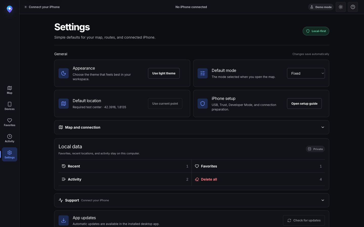 PinShift settings in dark mode with map, device timeout, default mode, and local data controls